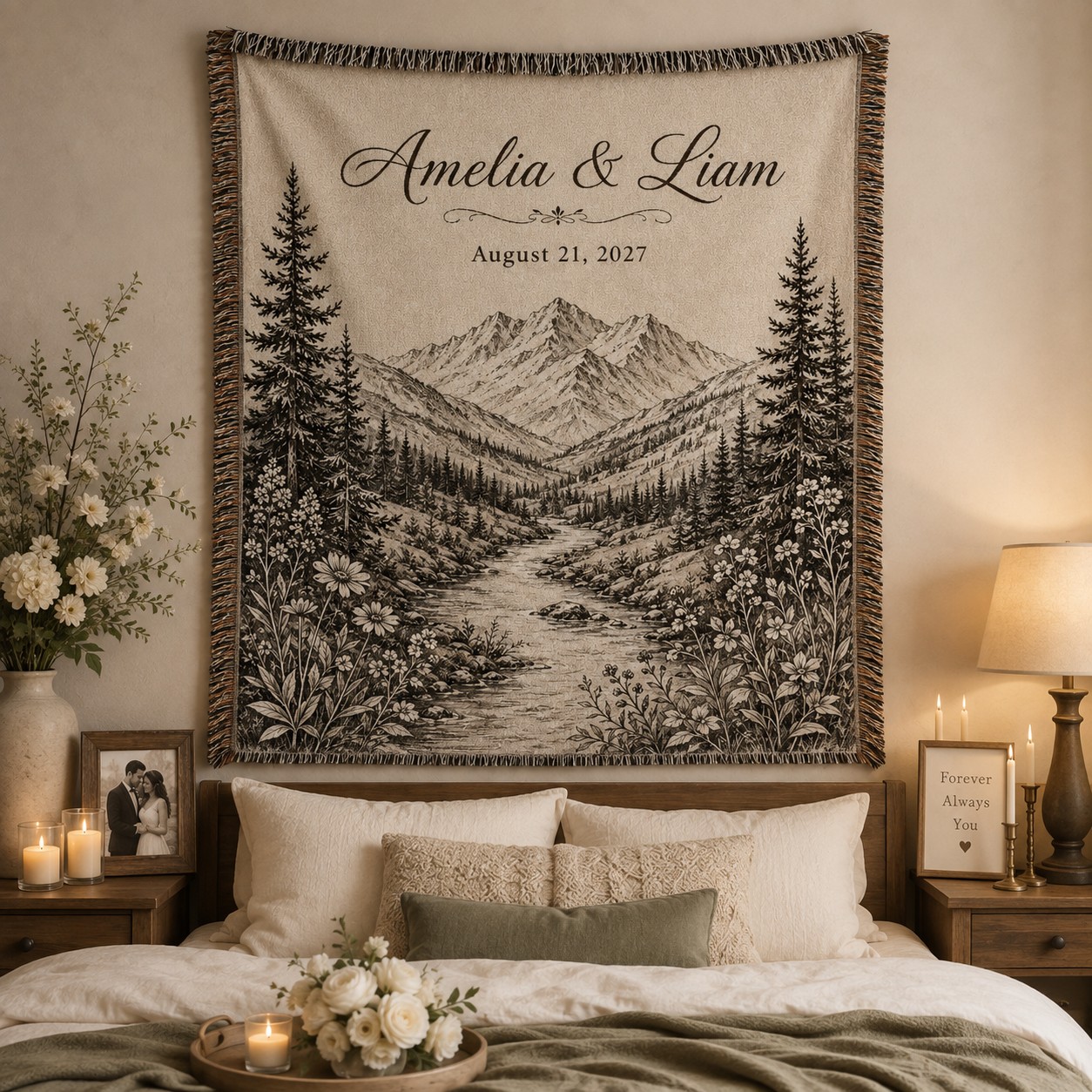 Personalized mountain wedding woven blanket displayed as romantic textile wall decor