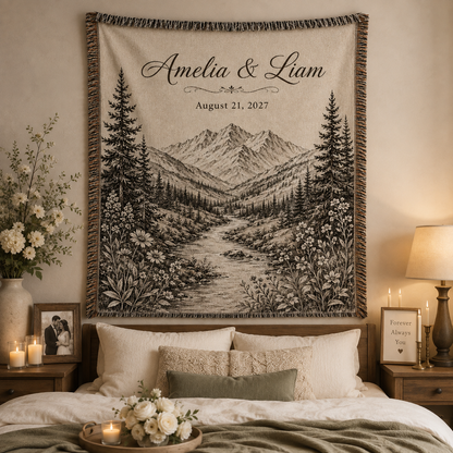 Personalized mountain wedding woven blanket displayed as romantic textile wall decor
