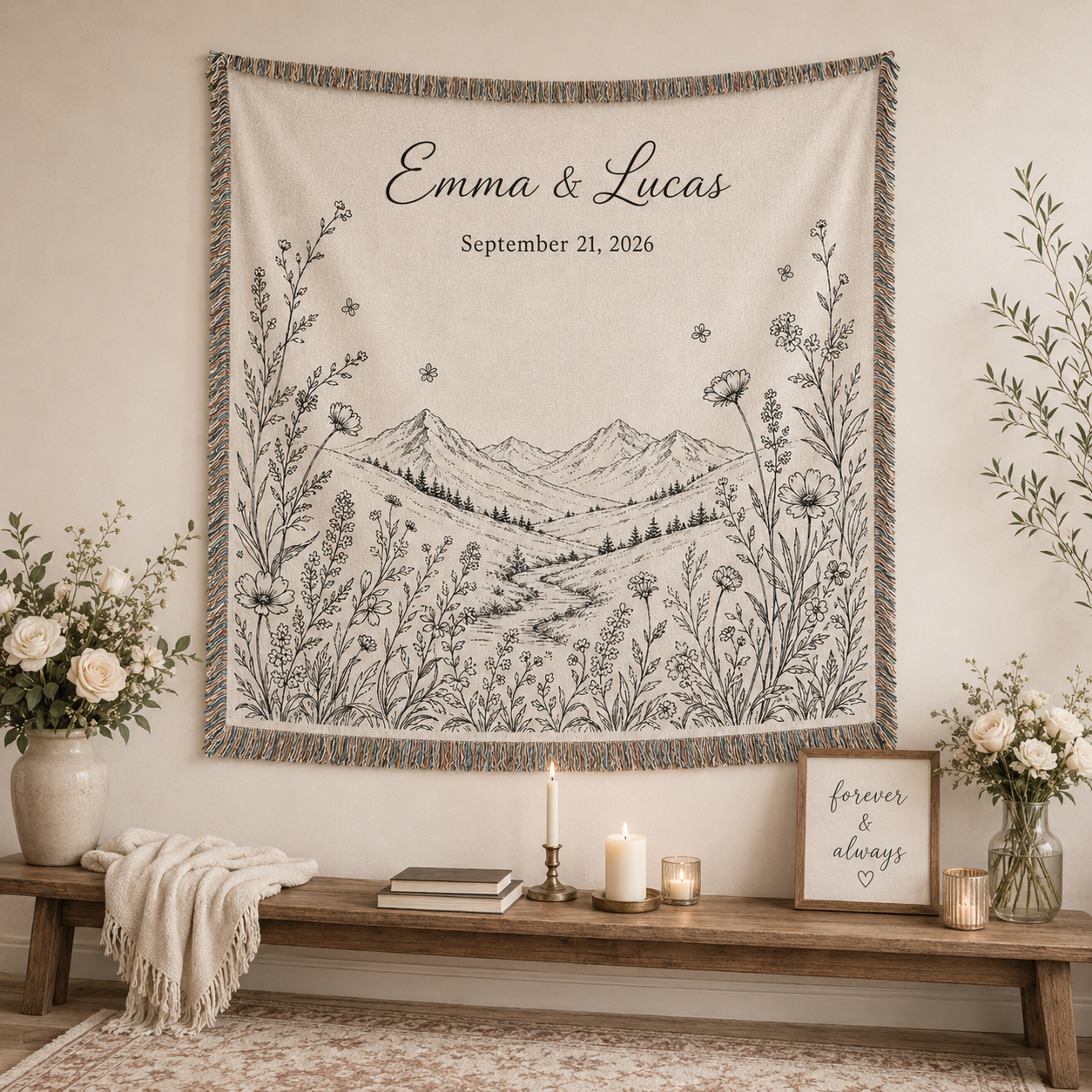 Personalized mountain wildflower wedding woven blanket displayed as romantic wall decor