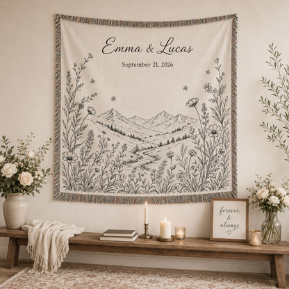 Personalized mountain wildflower wedding woven blanket displayed as romantic wall decor