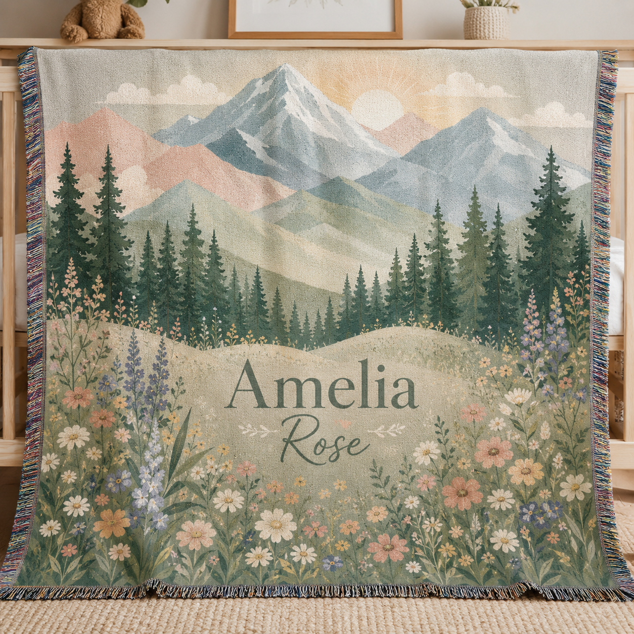 Personalized mountain and wildflower woven blanket with custom name displayed in a nursery