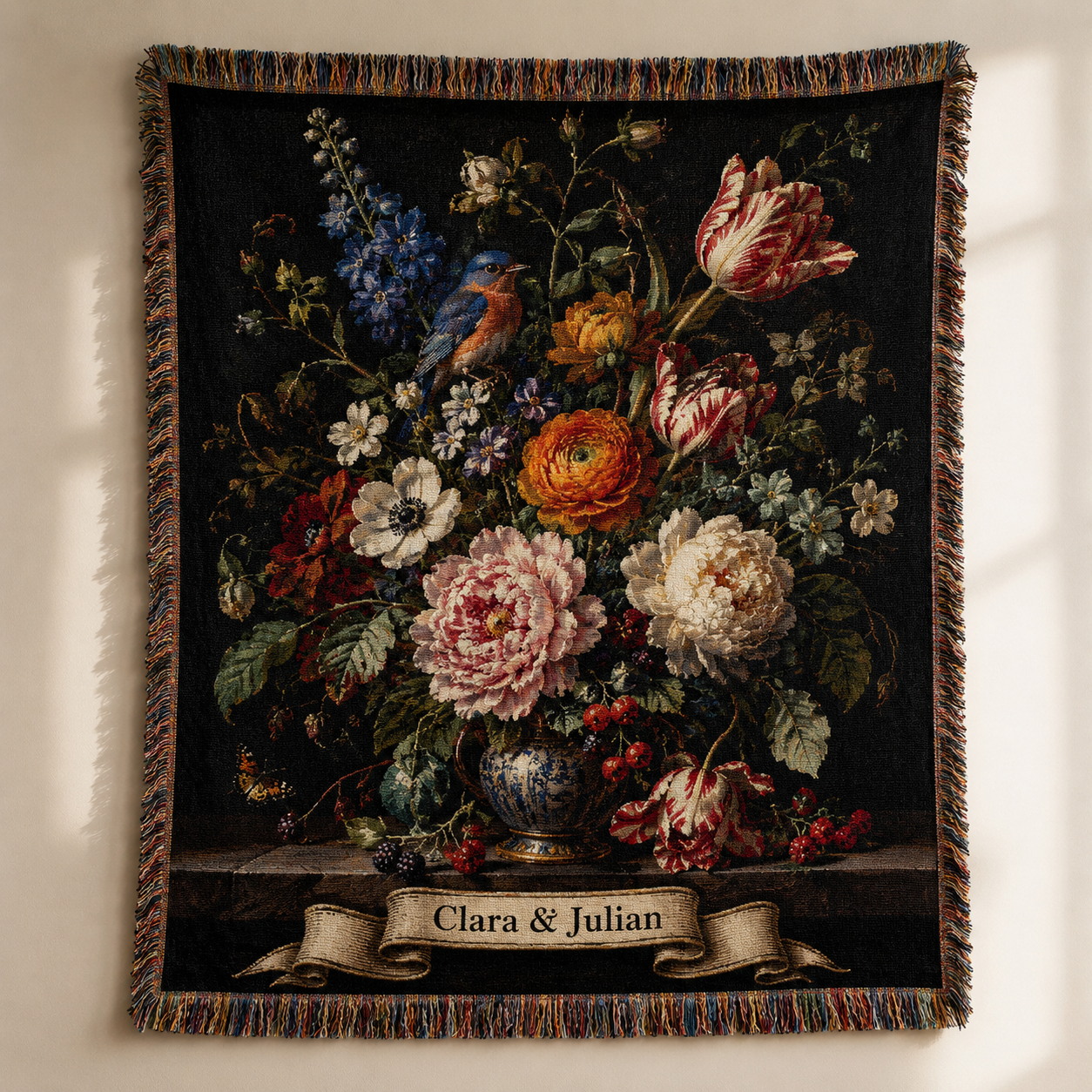 Personalized museum-inspired floral still life woven blanket with bluebird and names