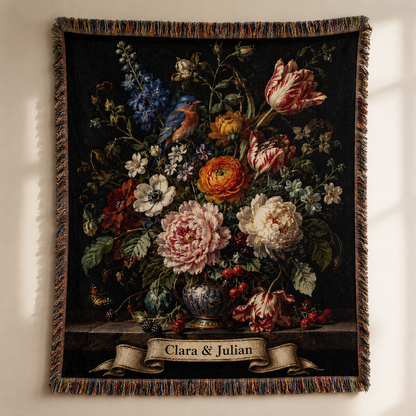 Personalized museum-inspired floral still life woven blanket with bluebird and names
