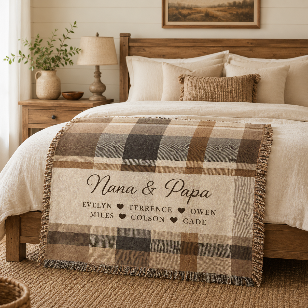 Personalized Nana and Papa plaid woven blanket styled on a cozy farmhouse bed