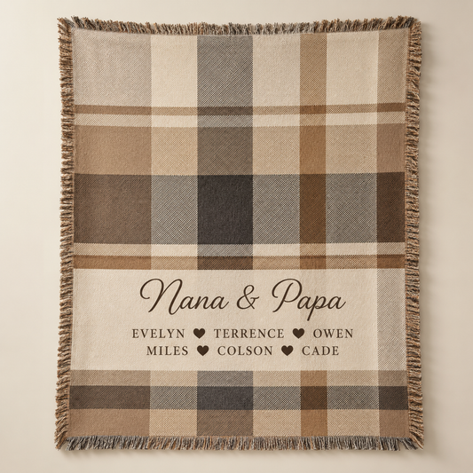 Personalized Nana and Papa plaid woven blanket with custom grandkids names