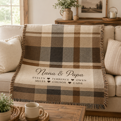 Personalized Nana and Papa plaid woven blanket styled on a neutral living room sofa