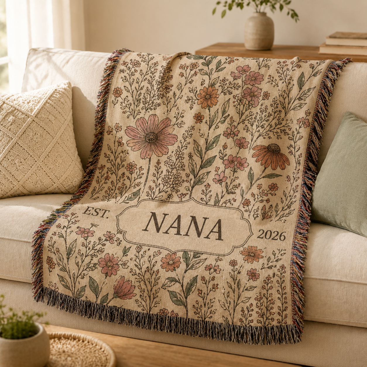 Personalized Nana wildflower woven blanket styled on a cozy neutral sofa