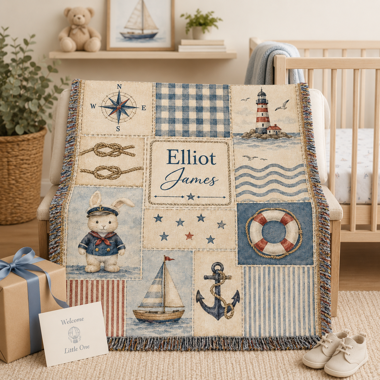 Custom name nautical baby woven blanket styled as a newborn gift