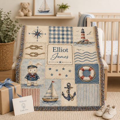 Custom name nautical baby woven blanket styled as a newborn gift