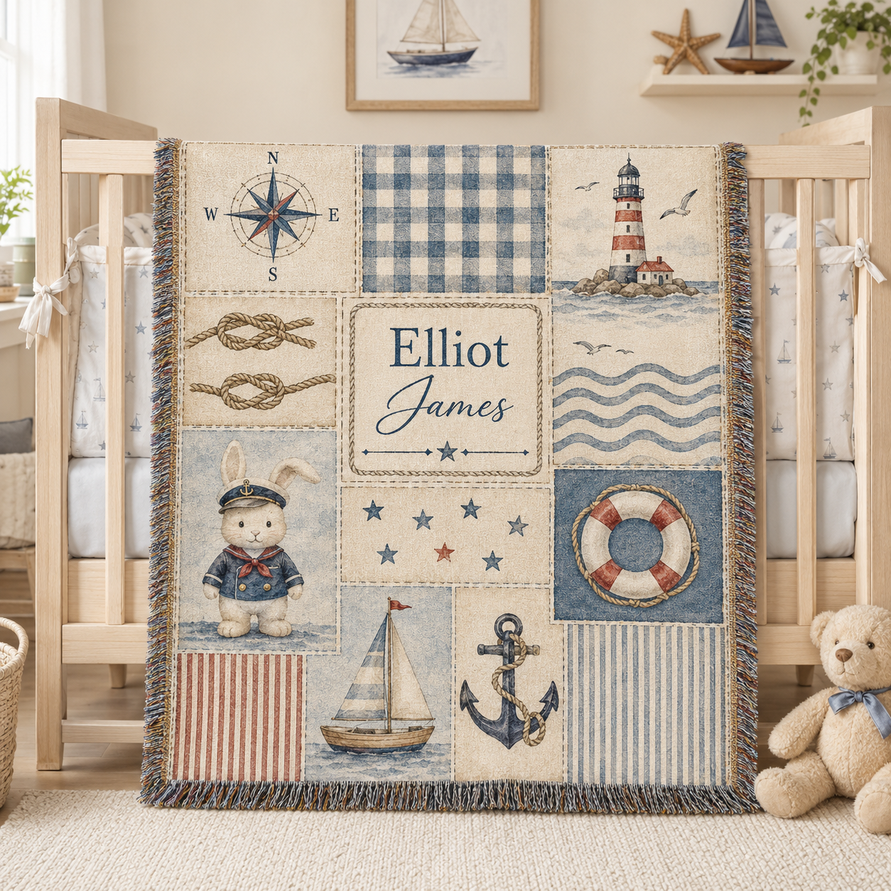 Personalized nautical baby woven blanket with sailor bunny, lighthouse, compass and custom name