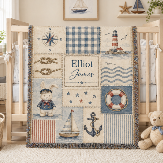 Personalized nautical baby woven blanket with sailor bunny, lighthouse, compass and custom name