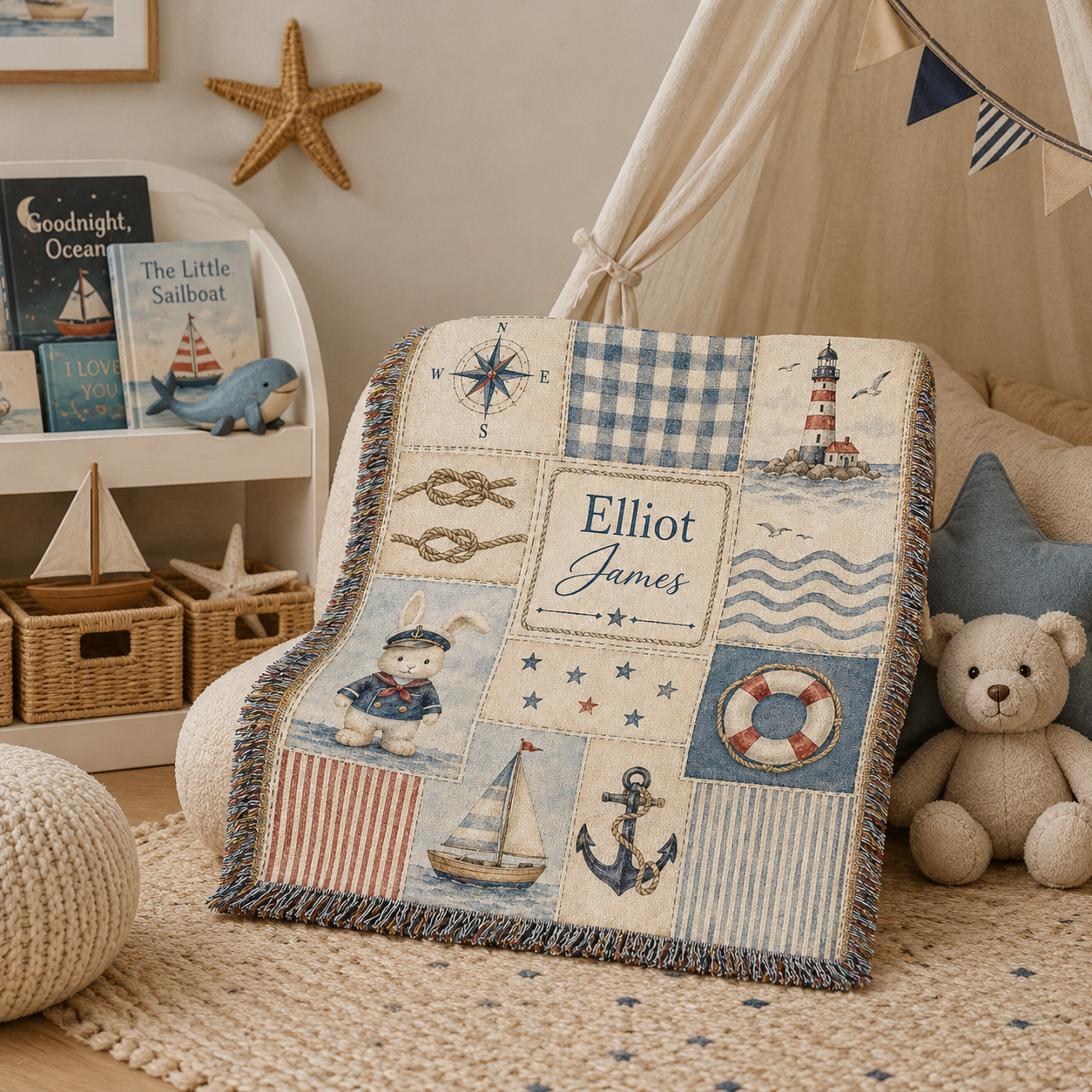 Personalized sailor bunny nautical woven blanket in a cozy nursery reading nook