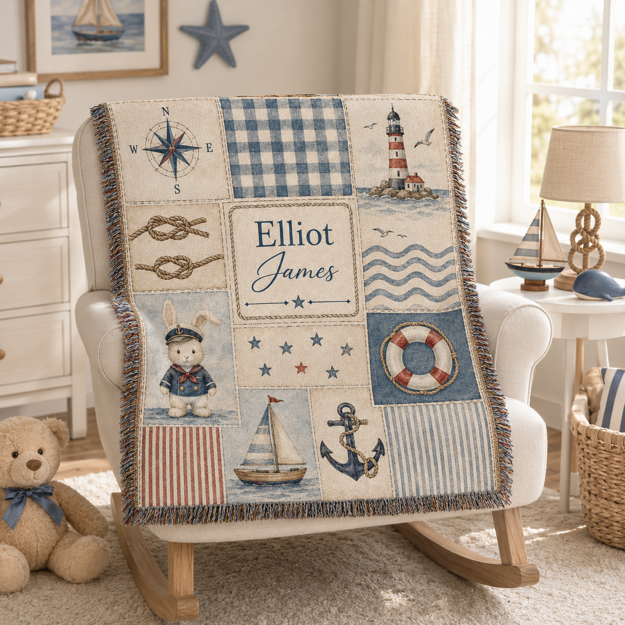 Custom name nautical woven blanket displayed on a nursery rocking chair