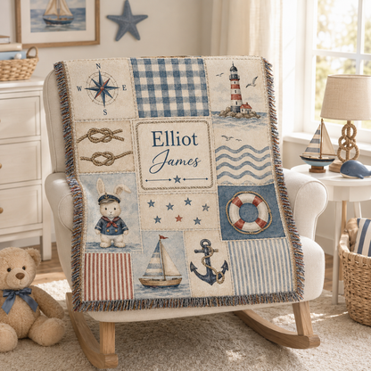 Custom name nautical woven blanket displayed on a nursery rocking chair
