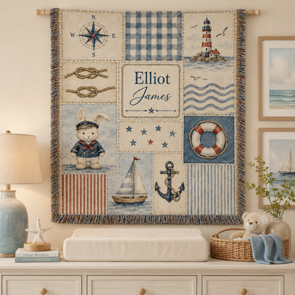 Personalized nautical woven tapestry blanket displayed above a nursery dresser