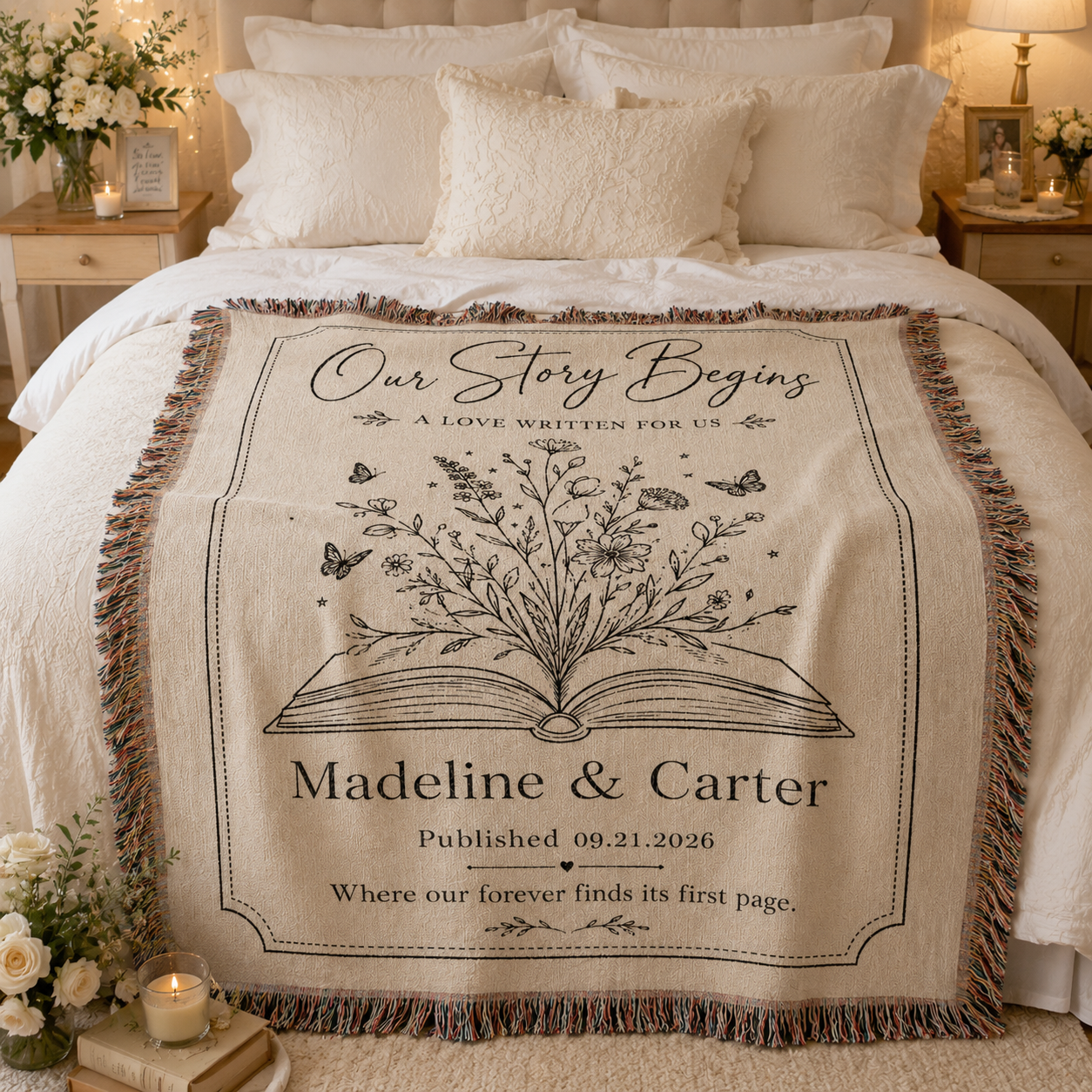 Personalized wedding woven blanket styled across a romantic bedroom