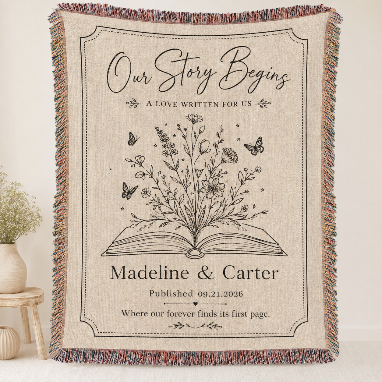 Personalized wedding woven blanket with open book wildflowers custom couple names and date