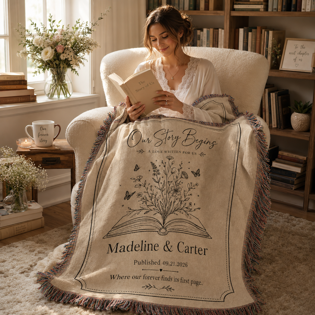 Personalized wedding woven blanket used in a cozy reading nook