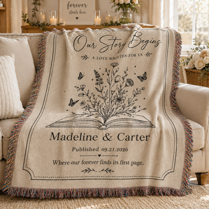 Personalized wedding woven blanket softly draped on a neutral sofa