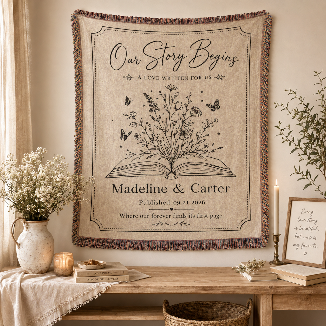 Personalized wedding woven blanket displayed as romantic textile wall decor