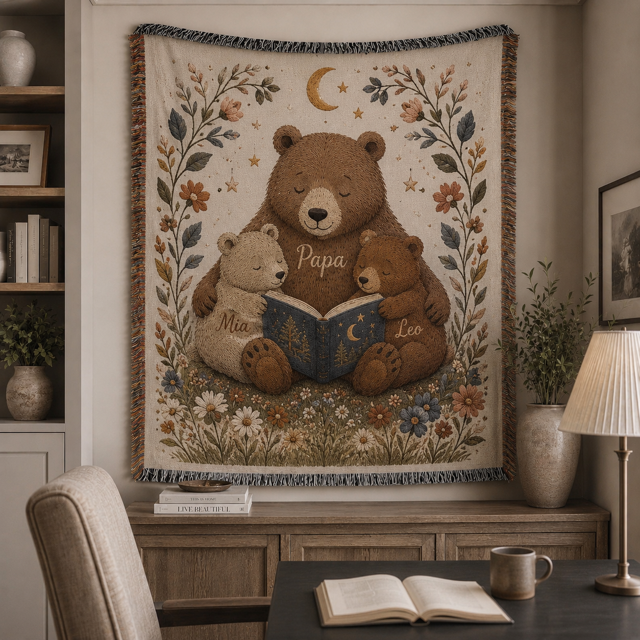 Personalized Papa bear reading woven blanket with two cub names, moon, stars and floral border