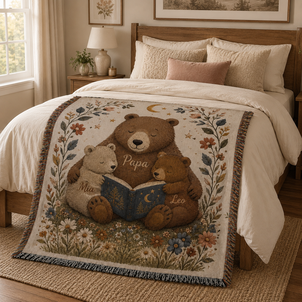 Personalized Papa bear reading woven blanket styled across a cozy bedroom bed