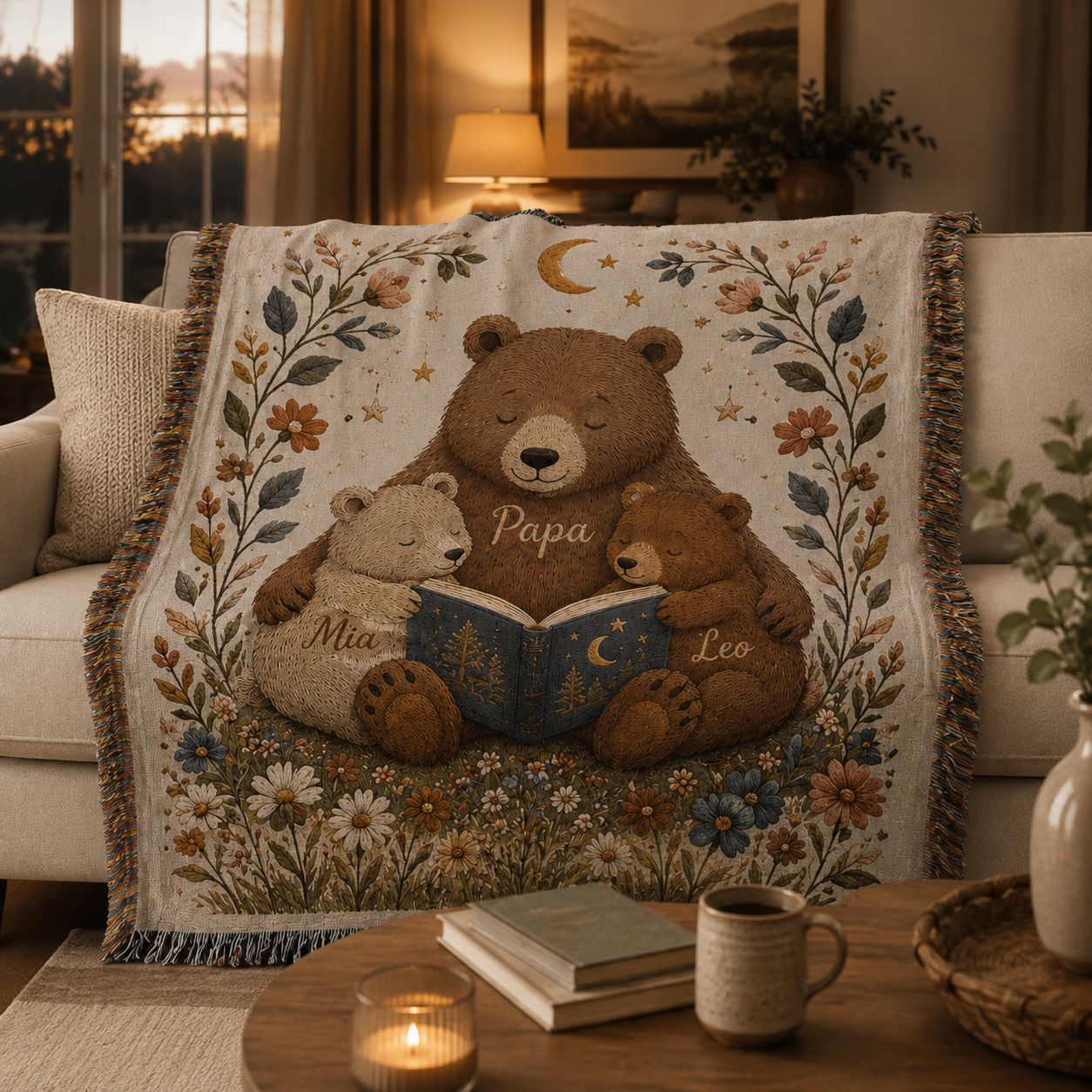 Personalized Papa bear and cubs woven blanket draped over a warm living room sofa