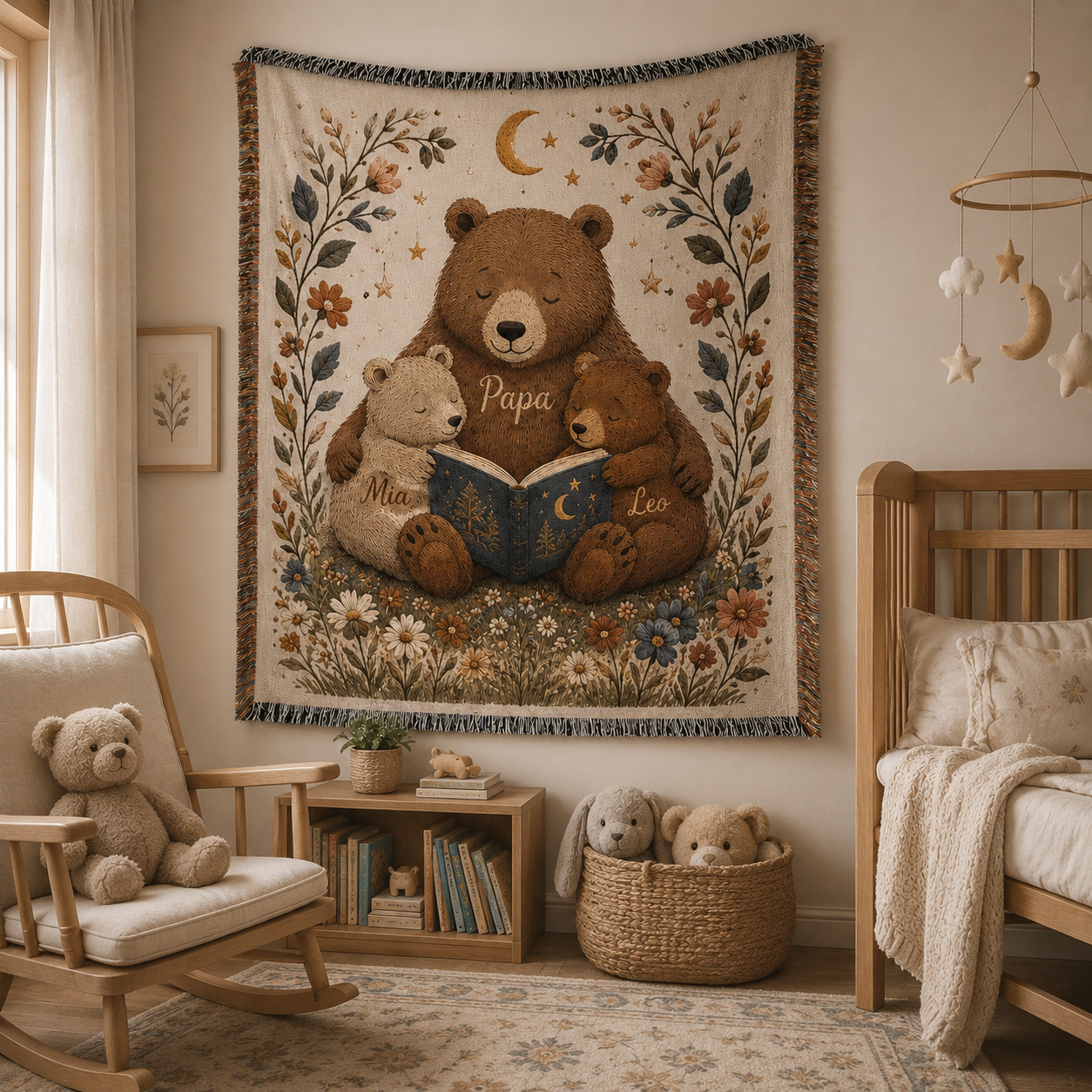 Personalized Papa bear family woven blanket displayed in a cozy neutral nursery