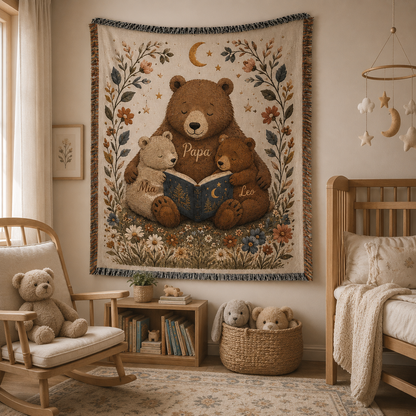 Personalized Papa bear family woven blanket displayed in a cozy neutral nursery