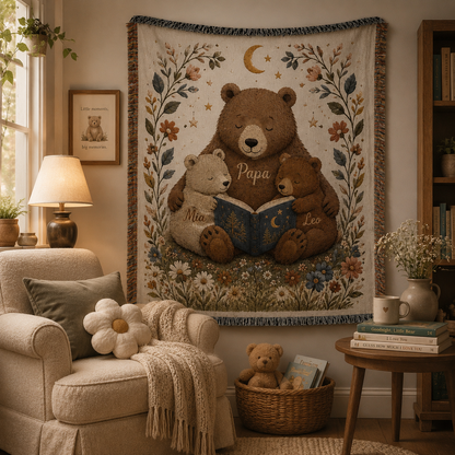 Personalized Papa bear storytime woven blanket displayed in a cozy reading nook