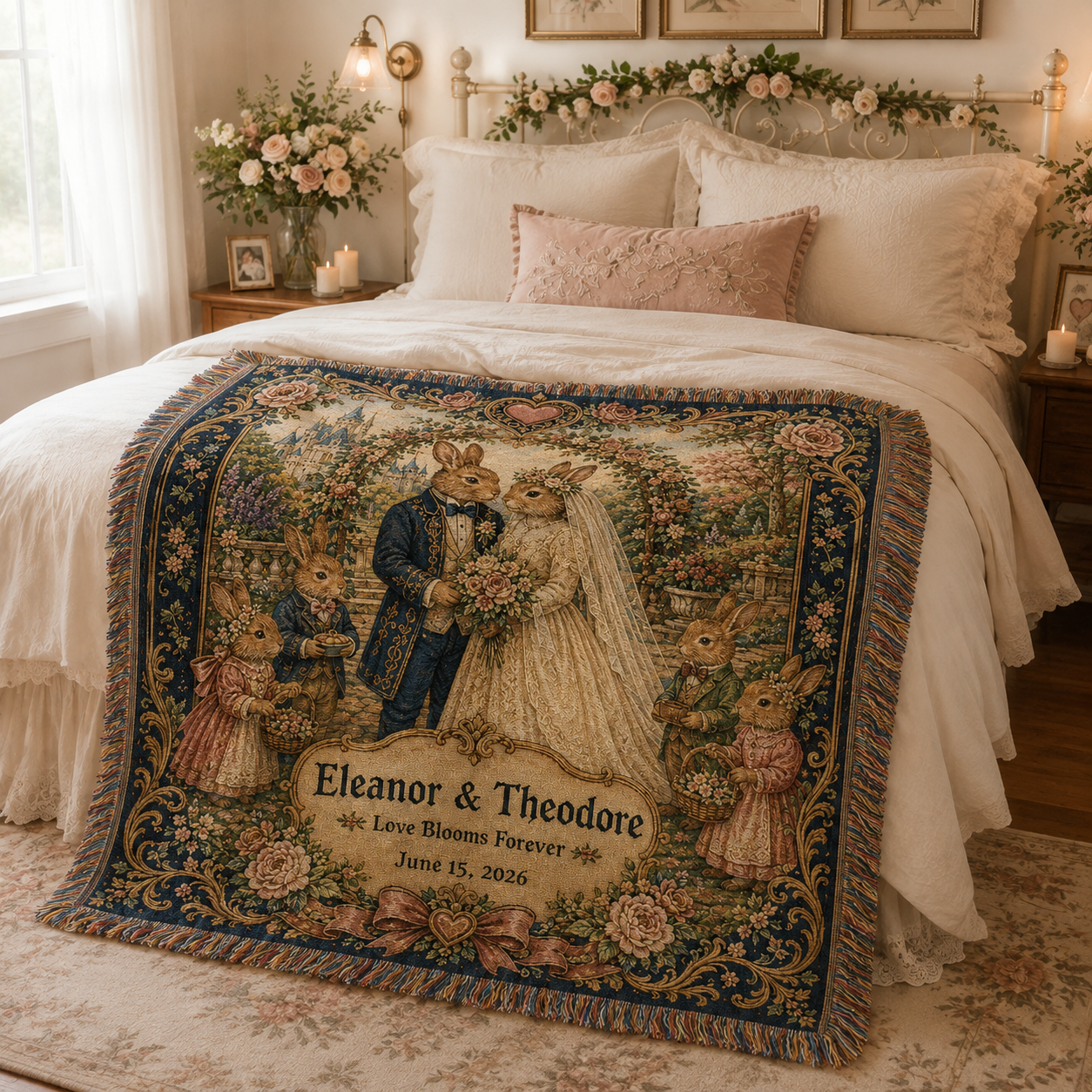 Personalized rabbit wedding woven blanket styled across a romantic bedroom bed with soft woven drape