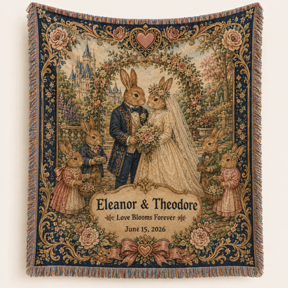 Personalized rabbit wedding woven blanket with custom couple names, wedding date, fairytale castle and floral border