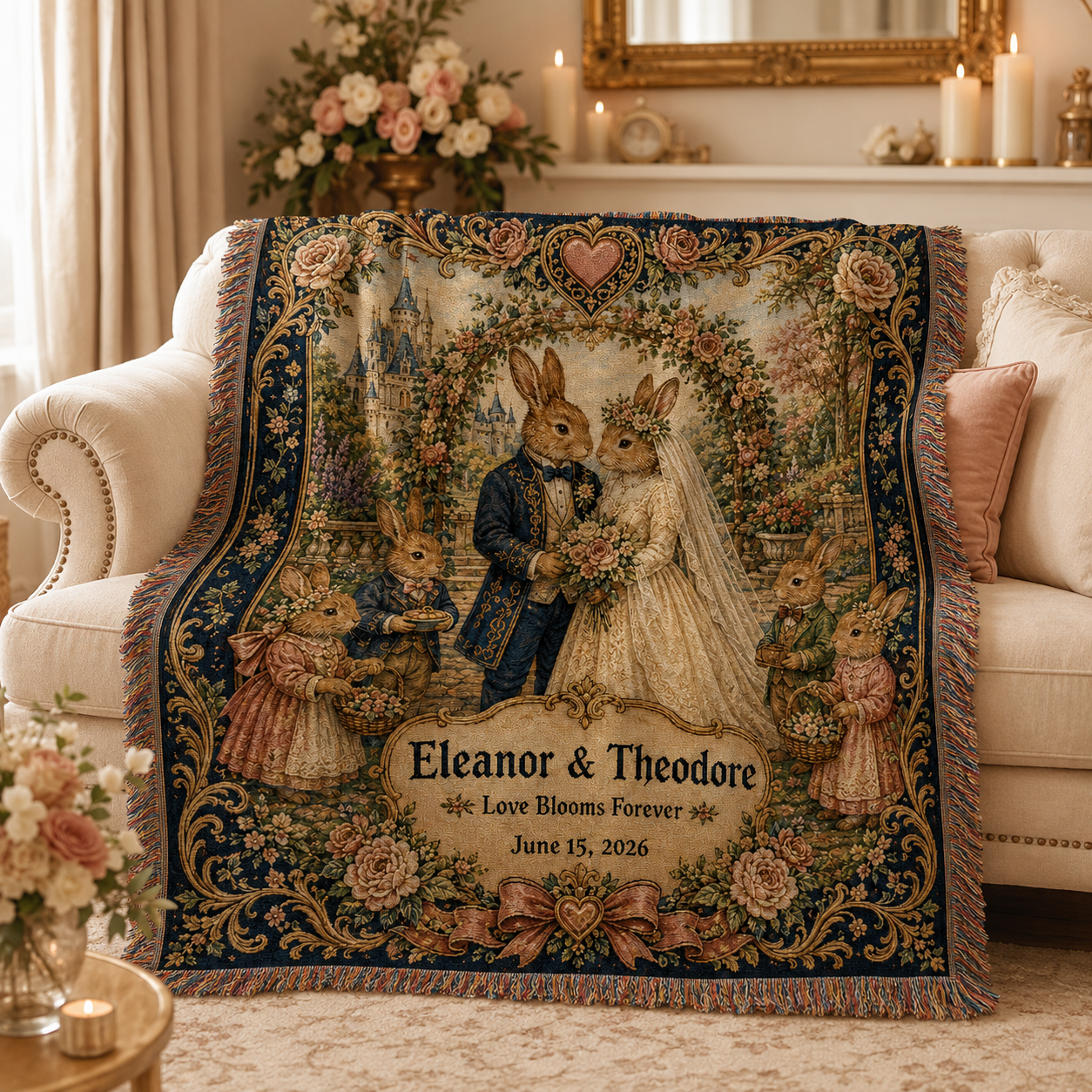 Personalized rabbit wedding woven blanket softly draped on a sofa in a romantic wedding themed living room