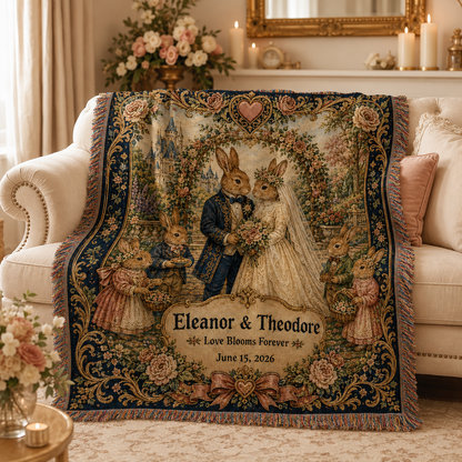Personalized rabbit wedding woven blanket softly draped on a sofa in a romantic wedding themed living room