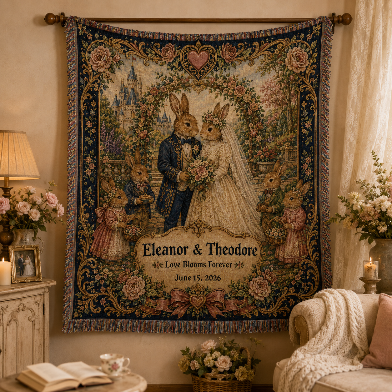 Personalized rabbit wedding woven blanket displayed as fairytale wall decor in a romantic home interior