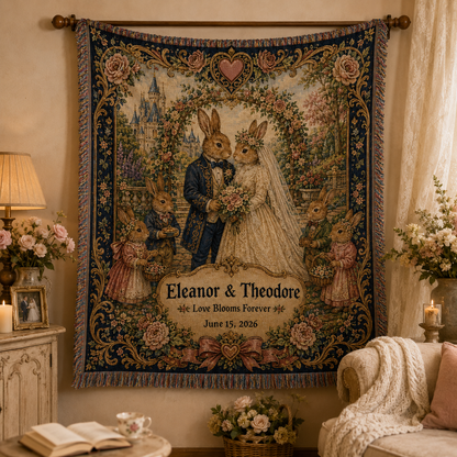 Personalized rabbit wedding woven blanket displayed as fairytale wall decor in a romantic home interior