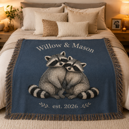 Personalized raccoon couple woven blanket displayed across a cozy neutral bed
