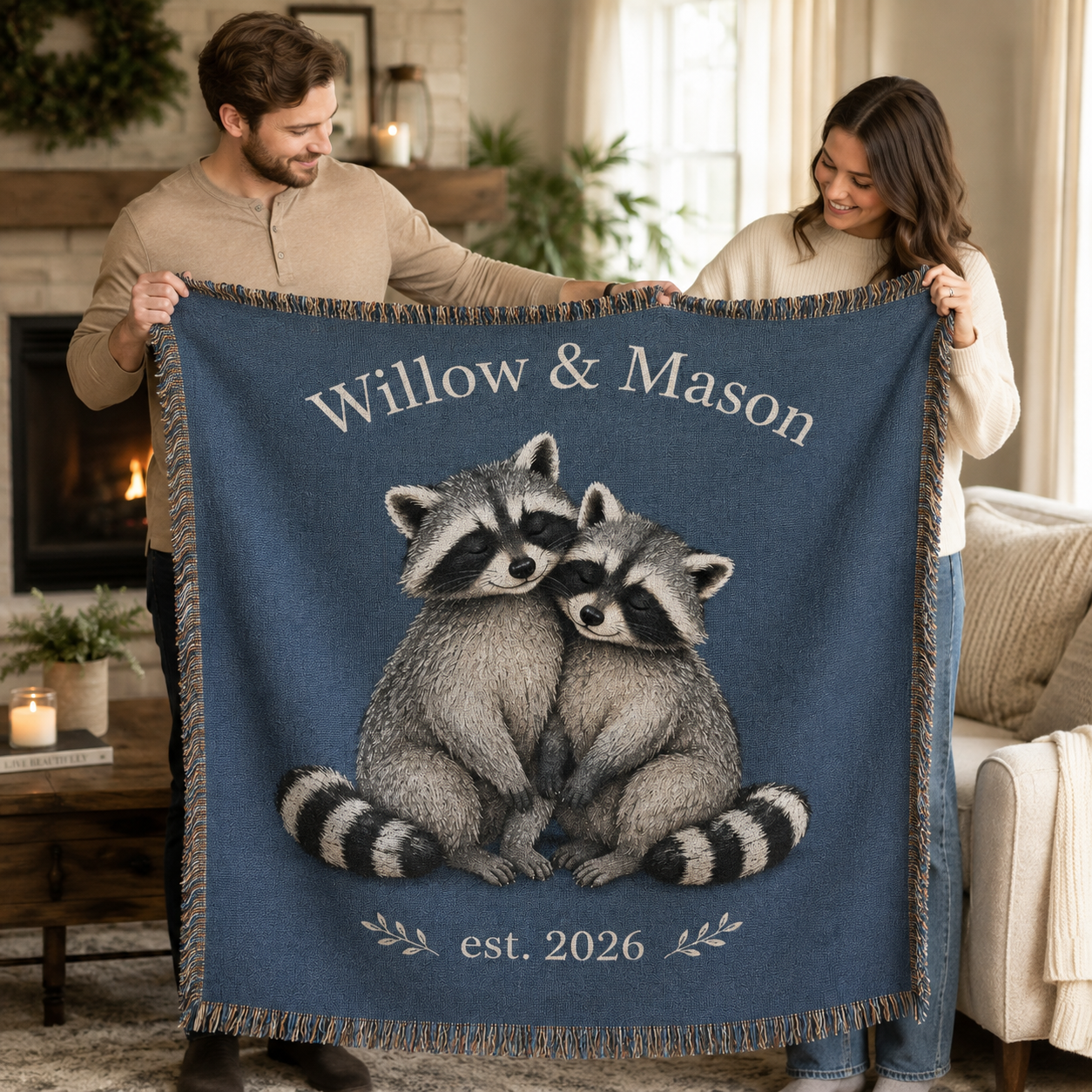 Couple holding a personalized raccoon woven blanket as an anniversary or wedding gift