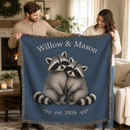 Couple holding a personalized raccoon woven blanket as an anniversary or wedding gift
