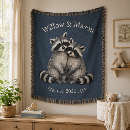 Personalized raccoon couple woven blanket displayed as woodland nursery wall decor