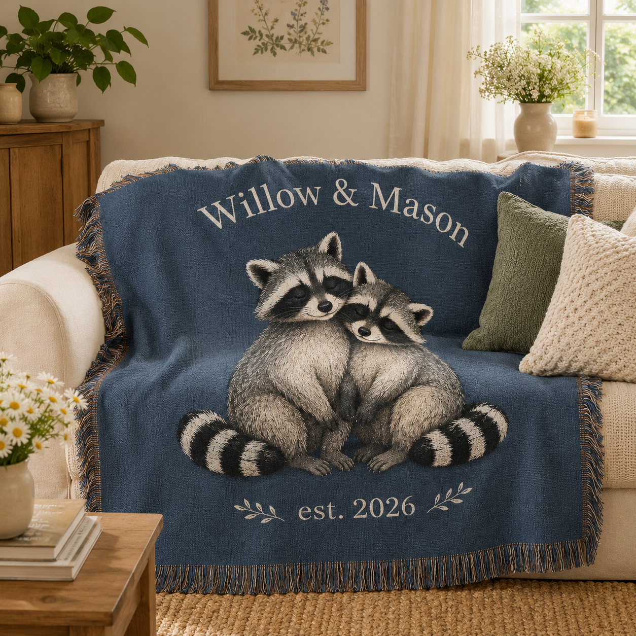 Personalized raccoon couple woven blanket styled on a warm farmhouse sofa