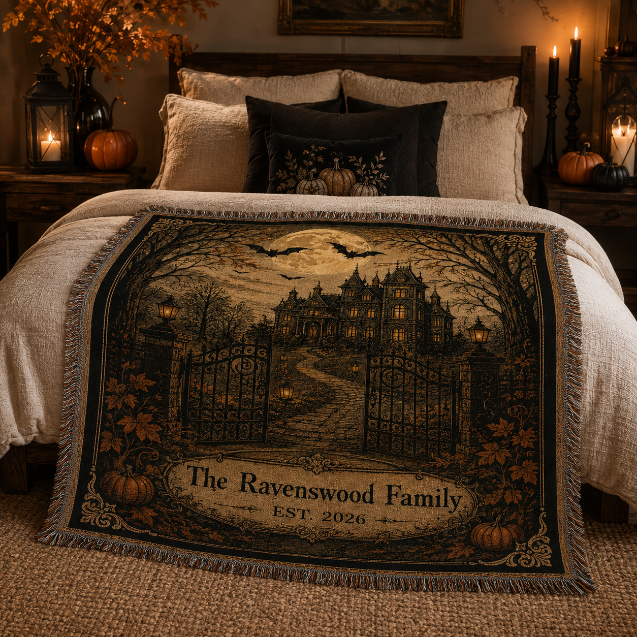 Personalized Ravenswood Family haunted mansion woven blanket styled on an autumn Halloween bedroom with pumpkins, lanterns and candles