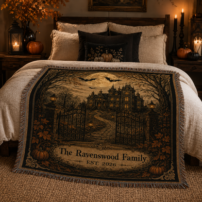 Personalized Ravenswood Family haunted mansion woven blanket styled on an autumn Halloween bedroom with pumpkins, lanterns and candles