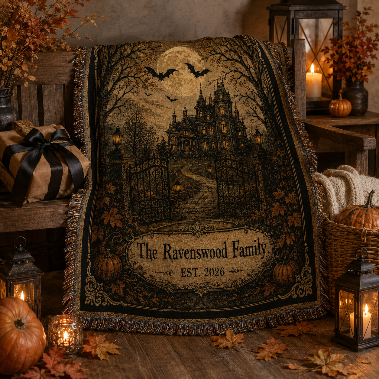 Personalized Ravenswood Family haunted mansion woven blanket presented as a Halloween housewarming gift with pumpkins and lanterns