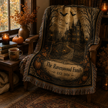 Personalized Ravenswood Family haunted mansion woven blanket draped over a wooden chair in a cozy Halloween reading nook
