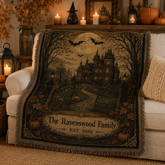 Personalized Ravenswood Family haunted mansion woven blanket with full moon, bats, wrought iron gates, pumpkins and fringe