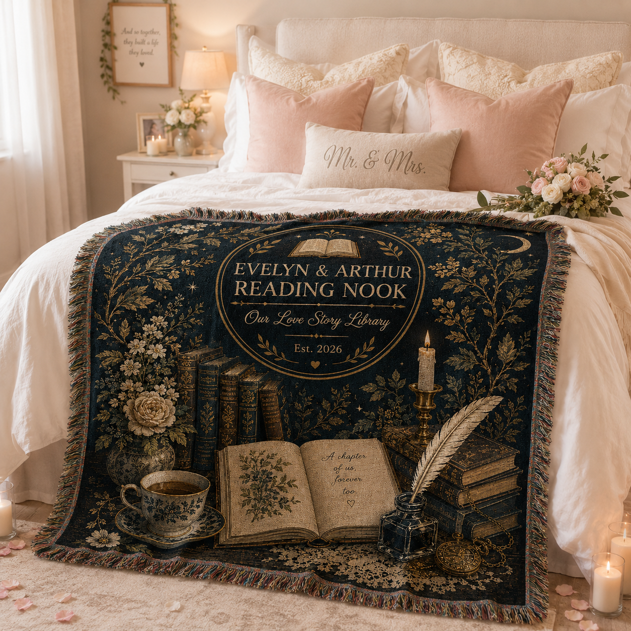 Personalized Reading Nook wedding woven blanket styled across a romantic bedroom bed