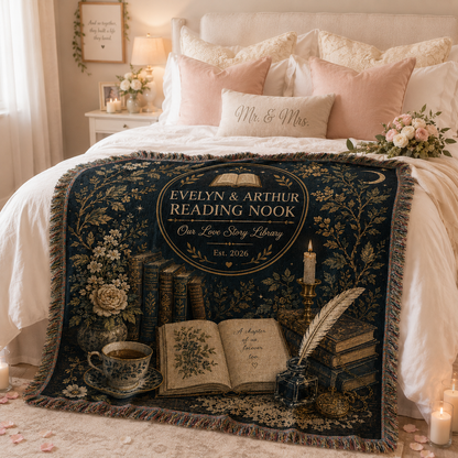 Personalized Reading Nook wedding woven blanket styled across a romantic bedroom bed