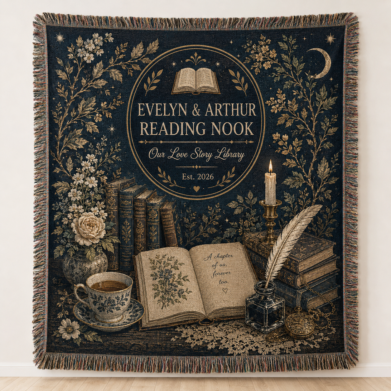 Personalized Reading Nook wedding woven blanket with Evelyn and Arthur, Est. 2026