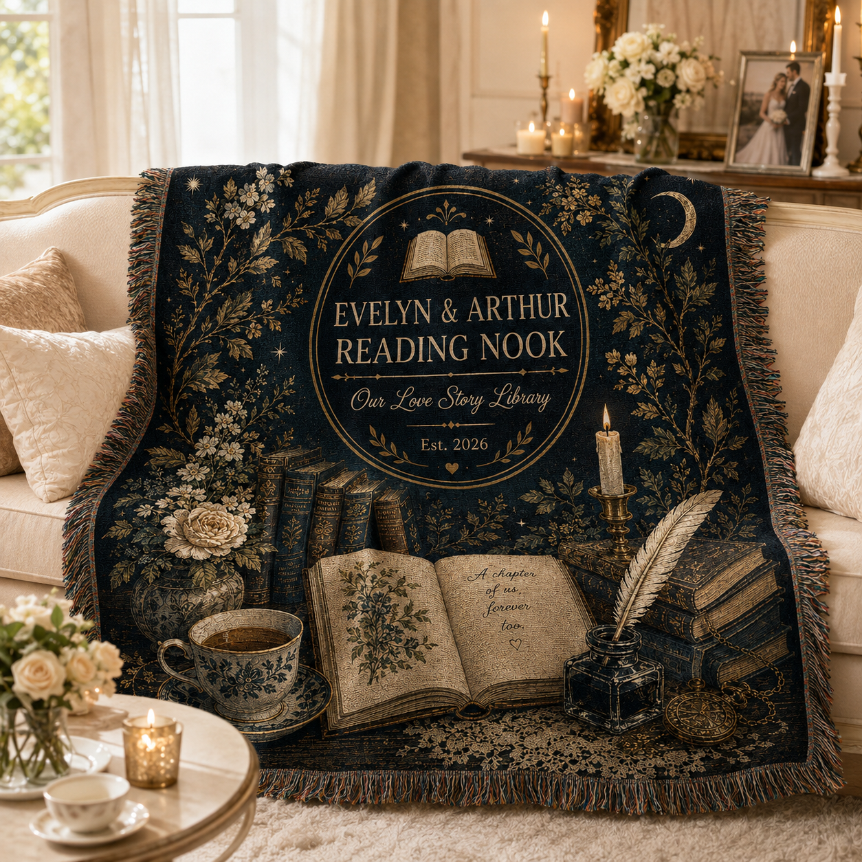 Personalized Reading Nook wedding woven blanket softly draped on a romantic sofa